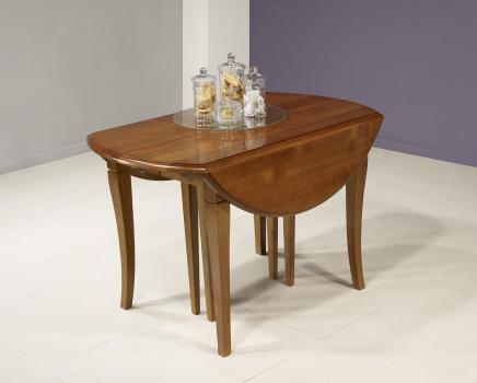 Mesa de comedor redonda extensible y con alas abatibles, diámetro 120cm, fabricada en madera de cerezo macizo al estilo Louis Philippe 